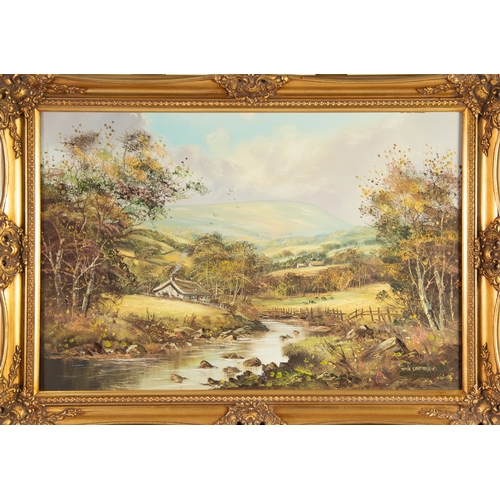 214 - JOHN CORCORAN (1940) OIL ON CANVAS Tranquil landscape with cottage and stream in the foreground Sign... 