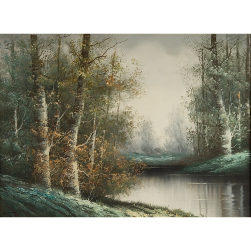 216 - TEDESCHI? (TWENTY FIRST CENTURY) OIL ON CANVAS Tranquil riverscape Signed 19 ½” x 26 ½” (49.5cm x 67... 