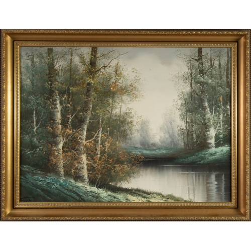 216 - TEDESCHI? (TWENTY FIRST CENTURY) OIL ON CANVAS Tranquil riverscape Signed 19 ½” x 26 ½” (49.5cm x 67... 