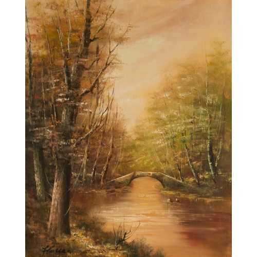 218 - FLOUAS? (TWENTY FIRST CENTURY)OIL ON CANVASTranquil riverscape with stone bridgeSigned 23 ½” x 19 ½”... 