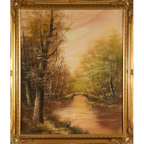 218 - FLOUAS? (TWENTY FIRST CENTURY)OIL ON CANVASTranquil riverscape with stone bridgeSigned 23 ½” x 19 ½”... 