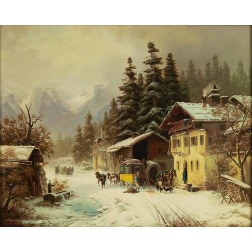 220 - FILIP PAPST (1915) OIL ON CANVASBygone winter village scene with mail coachSigned15 ½” x 19 ½” (39.3... 
