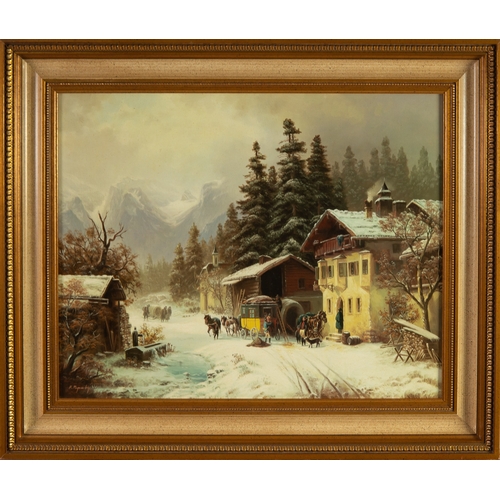 220 - FILIP PAPST (1915) OIL ON CANVASBygone winter village scene with mail coachSigned15 ½” x 19 ½” (39.3... 