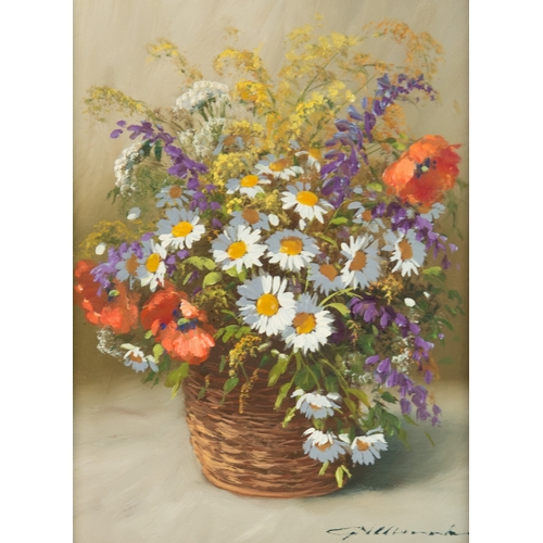 221 - GERHARD NESWADBA (1941) OIL ON CANVAS Summer flowers in a wicker basketSigned 15” x 11” (38cm x 28cm... 