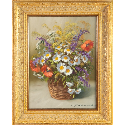 221 - GERHARD NESWADBA (1941) OIL ON CANVAS Summer flowers in a wicker basketSigned 15” x 11” (38cm x 28cm... 
