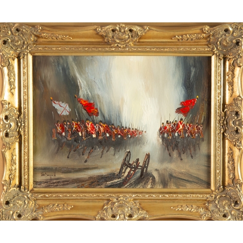 222 - JOHN BAMPFIELD (1947) OIL ON CANVAS Charge of the Light BrigadeSigned 11 ½” x 15 ½” (29.1cm x 39.3cm... 