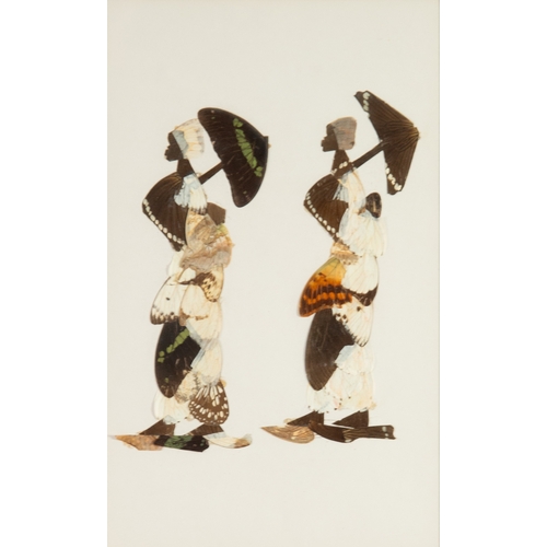 223 - SET OF THREE BUTTERFLY WING PICTURESEach of a pair of African women carrying baskets or parasolsUnsi... 