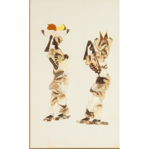 223 - SET OF THREE BUTTERFLY WING PICTURESEach of a pair of African women carrying baskets or parasolsUnsi... 