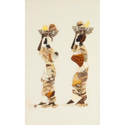 223 - SET OF THREE BUTTERFLY WING PICTURESEach of a pair of African women carrying baskets or parasolsUnsi... 