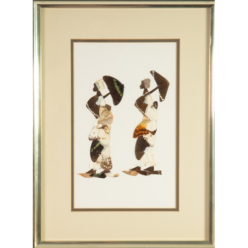 223 - SET OF THREE BUTTERFLY WING PICTURESEach of a pair of African women carrying baskets or parasolsUnsi... 