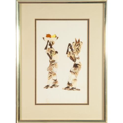 223 - SET OF THREE BUTTERFLY WING PICTURESEach of a pair of African women carrying baskets or parasolsUnsi... 