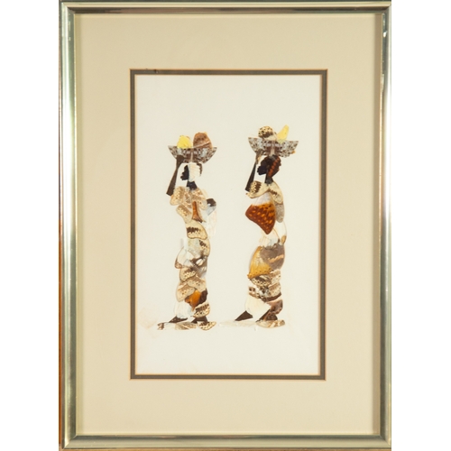 223 - SET OF THREE BUTTERFLY WING PICTURESEach of a pair of African women carrying baskets or parasolsUnsi... 