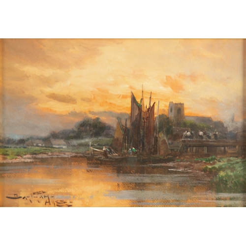 250 - BARTRUM HILES (1872-1927) WATERCOLOUR Thames barge unloading at sunset Signed 10 ¼” x 15 ¼” (26cm x ... 