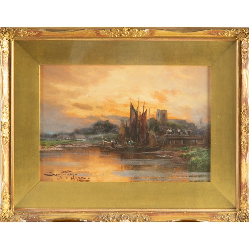 250 - BARTRUM HILES (1872-1927) WATERCOLOUR Thames barge unloading at sunset Signed 10 ¼” x 15 ¼” (26cm x ... 