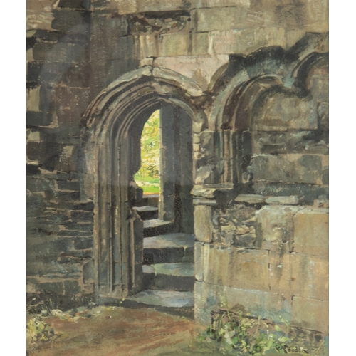 252 - GEORGE ALFRED BODEN (1888-1956)WATERCOLOUR Monastery ruin archway with steps Signed 17” x 14 ½” (43.... 