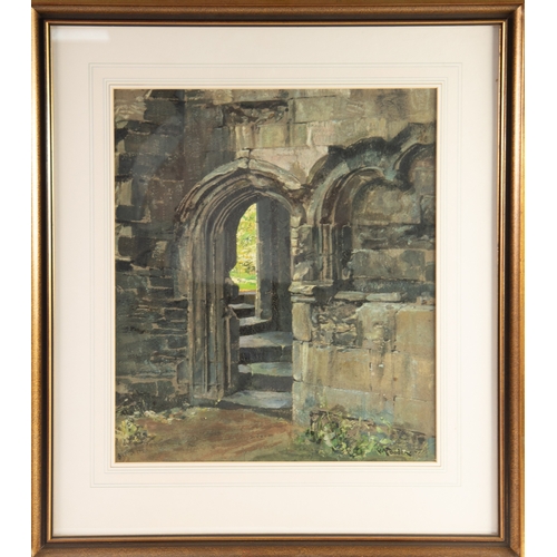 252 - GEORGE ALFRED BODEN (1888-1956)WATERCOLOUR Monastery ruin archway with steps Signed 17” x 14 ½” (43.... 