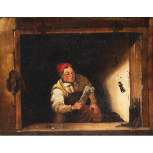 225 - UNATTRIBUTED (NINETEENTH CENTURY) OIL ON BOARD Seated male figure reading by candlelight at an open ... 