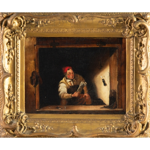 225 - UNATTRIBUTED (NINETEENTH CENTURY) OIL ON BOARD Seated male figure reading by candlelight at an open ... 