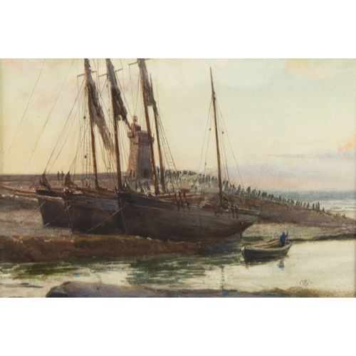 242 - MONOGRAMMIST J W S or J S W (Late 19th/Early 20th Century) WATERCOLOUR Coastal scene with beached fi... 