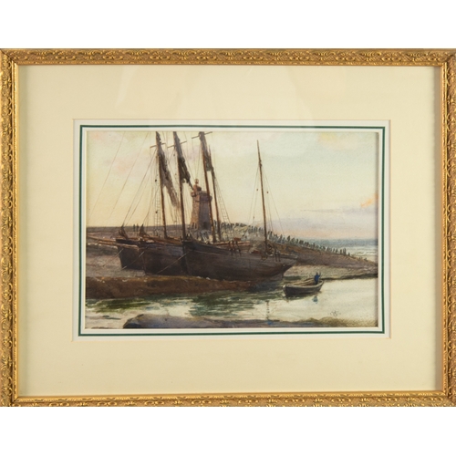 242 - MONOGRAMMIST J W S or J S W (Late 19th/Early 20th Century) WATERCOLOUR Coastal scene with beached fi... 