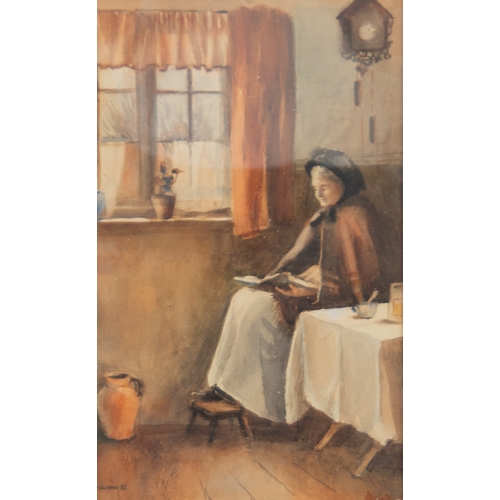 262 - ARTHUR HOPKINS (1848-1930)WATERCOLOUR Cottage interior with lady seated in the corner, reading Signe... 