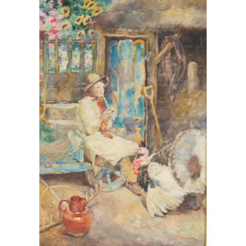 246 - DAVID WOODLOCK (1842-1929)WATERCOLOURA farm-lad seated on a barrow playing a flute, a Turkey, hay-fo... 