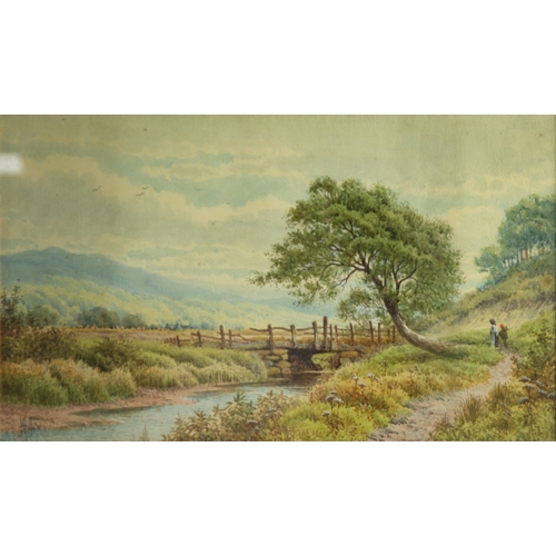 247 - HENRY HILTON (exh.1880-88)WATERCOLOURRiver landscape with figures on a path approaching a rustic bri... 