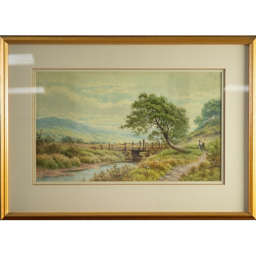 247 - HENRY HILTON (exh.1880-88)WATERCOLOURRiver landscape with figures on a path approaching a rustic bri... 