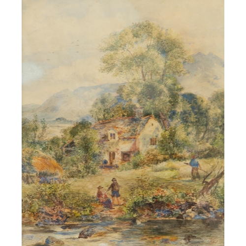 255 - WILLIAM JOSEPH JULIUS CAESAR BOND (1833-1926)WATERCOLOURCottage garden scene with figures and steam ... 