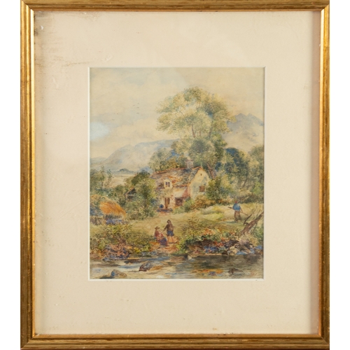 255 - WILLIAM JOSEPH JULIUS CAESAR BOND (1833-1926)WATERCOLOURCottage garden scene with figures and steam ... 