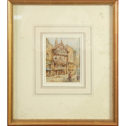 256 - J W (EARLY TWENTIETH CENTURY) WATERCOLOUR Bygone Chester street sceneSigned with initials 5 ¼” x 4” ... 