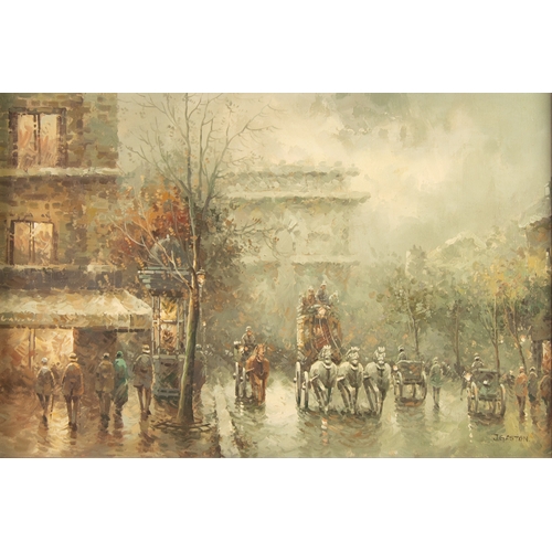 233 - JOHNNY GASTON (1955) OIL ON CANVAS Bygone Parisienne street scene with horse drawn carriages and the... 