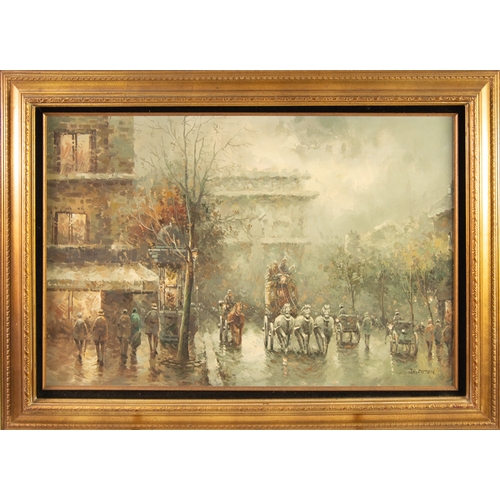 233 - JOHNNY GASTON (1955) OIL ON CANVAS Bygone Parisienne street scene with horse drawn carriages and the... 