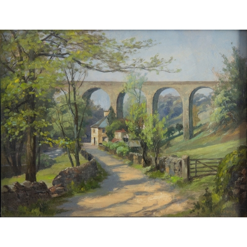 236 - C B HOLMES (TWENTIETH CENTURY) PAIR OF OILS ON BOARD Marple aqueduct Alps scene with chalets in the ... 