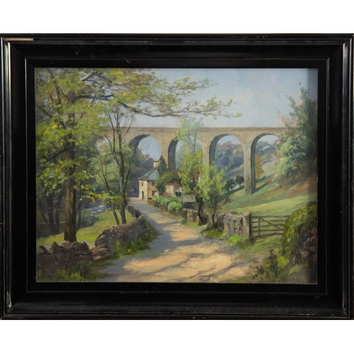 236 - C B HOLMES (TWENTIETH CENTURY) PAIR OF OILS ON BOARD Marple aqueduct Alps scene with chalets in the ... 