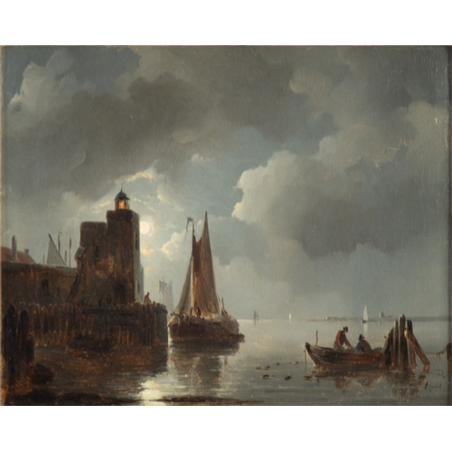226 - HULK (NINETEENTH CENTURY DUTCH SCHOOL)OIL ON RELINED CANVAS Moonlit harbour scene with fishing boats... 
