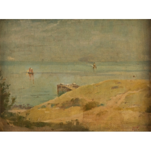 227 - ROBERT FOWLER (1853-1926) OIL ON CANVAS LAID DOWN ON BOARDCoastal scene with pier and boats, possibl... 