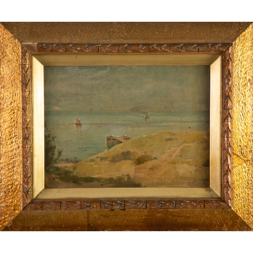 227 - ROBERT FOWLER (1853-1926) OIL ON CANVAS LAID DOWN ON BOARDCoastal scene with pier and boats, possibl... 