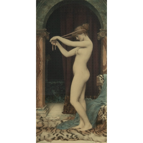 304 - JOHN WILLIAM GODWARD (1861-1922) ARTIST SIGNED COLOUR PRINT Female nude, tying a red ribbon around h... 