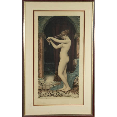 304 - JOHN WILLIAM GODWARD (1861-1922) ARTIST SIGNED COLOUR PRINT Female nude, tying a red ribbon around h... 