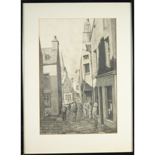 297 - P P (SUE?) TAIT (TWENTIETH CENTURY)PENCIL DRAWINGStreet scene with figures Signed and dated (19)87 1... 