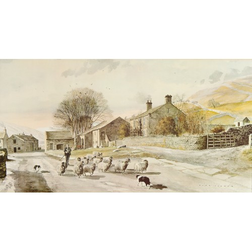 269 - ALAN INGHAM (1920-1994) WATERCOLOUR Hill village with shepherd and dog driving sheep down the lane S... 