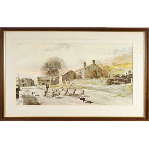 269 - ALAN INGHAM (1920-1994) WATERCOLOUR Hill village with shepherd and dog driving sheep down the lane S... 