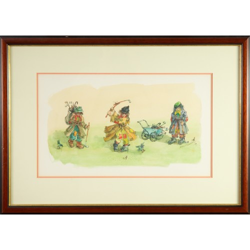 270 - ALBIN TROWSKI (1919-2012)PEN AND WASH Three tramps playing golf Signed and dated (19)89 11” x 19” (2... 