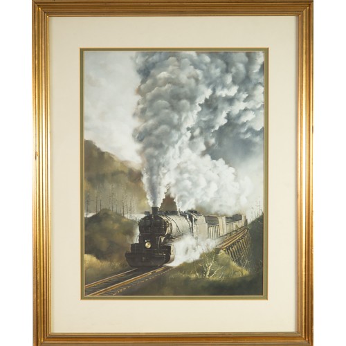 272 - JOHN LEWIS CHAPMAN (1949) GOUACHE Steam locomotive pulling goods Signed 19” x 14” (48.2cm x 35.6cm)... 