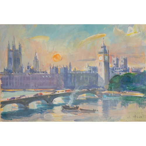 281 - GUY HUZE (1912-1997) GOUACHE DRAWING‘London’, view of the Houses of Parliament Signed and tilted 6” ... 