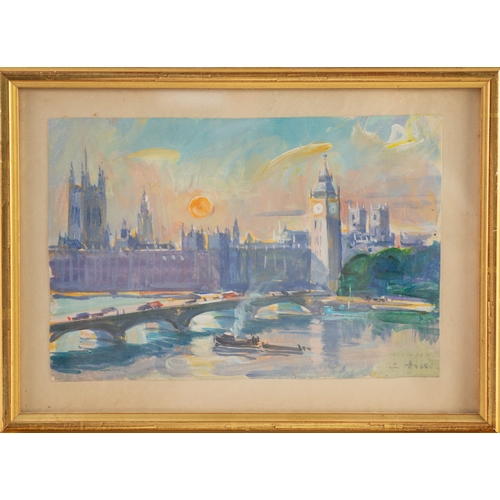 281 - GUY HUZE (1912-1997) GOUACHE DRAWING‘London’, view of the Houses of Parliament Signed and tilted 6” ... 