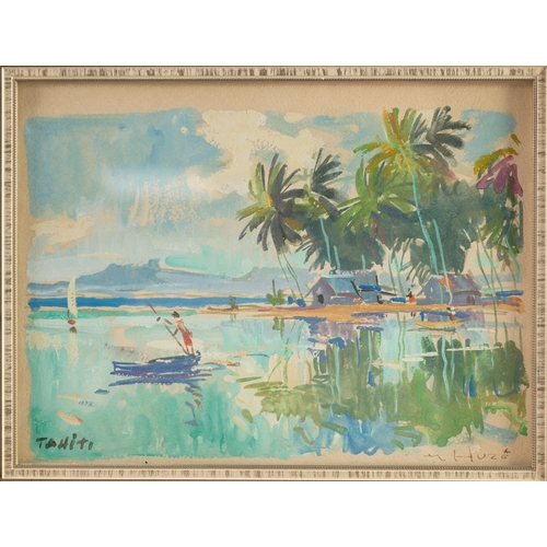 283 - GUY HUZE (1912-1997) GOUACHE DRAWING ‘Tahiti’, coastal scene Signed and titled 7 ½” x 9 ¾” (19cm x 2... 