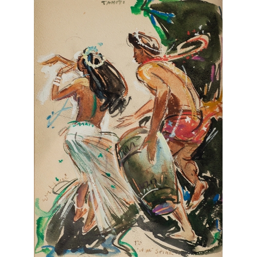 284 - GUY HUZE (1912-1997) GOUACHE DRAWING‘Tahiti’ drummer and dancer Signed, titled and with inscribed, ‘... 