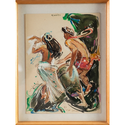 284 - GUY HUZE (1912-1997) GOUACHE DRAWING‘Tahiti’ drummer and dancer Signed, titled and with inscribed, ‘... 